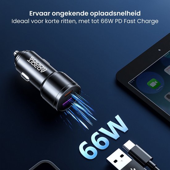 Zwarte autolader met 66W snelle oplaadfunctie naast USB-C kabel en tablet
