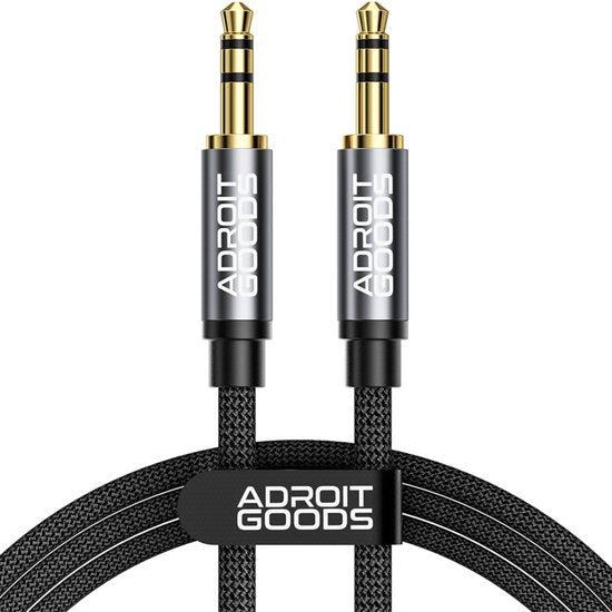 Zwart gevlochten audiokabel met gouden 3,5 mm stekkers en Adroit Goods label