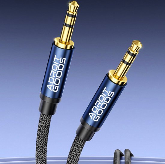 Blauwe audiokabel met goudkleurige jackpluggen en tekst Adroit Goods zichtbaar