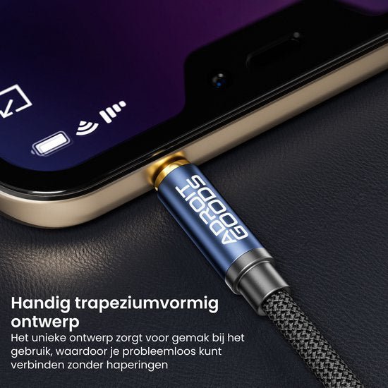 Blauwe kabel connector met Adroit Goods logo verbonden met smartphone voor snel laden