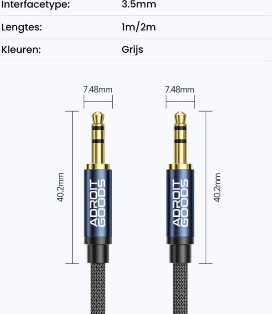 twee metalen 3,5 mm audio-aansluitingen met blauwe behuizing en gevlochten kabel in grijs