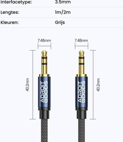 twee metalen 3,5 mm audio-aansluitingen met blauwe behuizing en gevlochten kabel in grijs