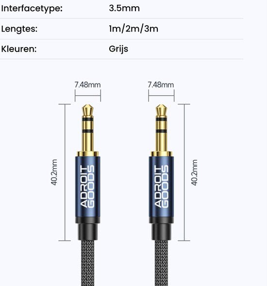AdroitGoods grijze audio kabel met 3,5mm gouden connectoren en gevlochten kabelsleeve