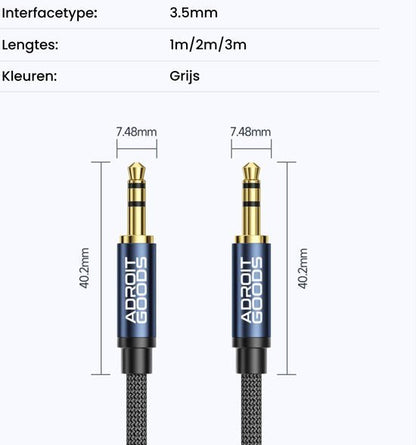AdroitGoods grijze audio kabel met 3,5mm gouden connectoren en gevlochten kabelsleeve