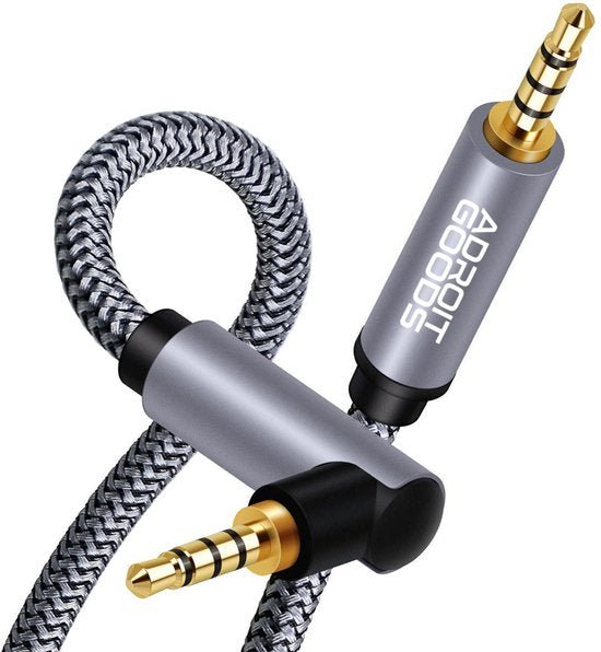 Tweedelige grijze kabel met gevlochten nylon en gouden 3,5 mm aansluitingen van AdroitGoods.