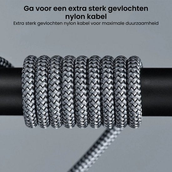 Dicht gevlochten nylon kabel in grijstinten omwikkeld rond een zwarte cilindervormige staaf voor stevigheid.