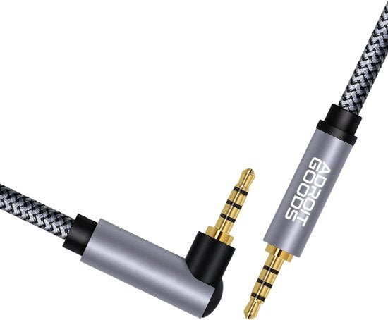 grijs gevlochten audiokabel met goudkleurige 3,5mm jackstekkers en metalen behuizing