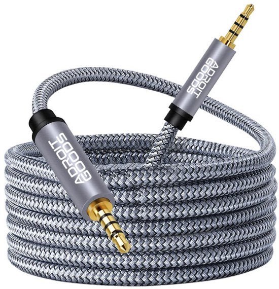 grijs gevlochten audiokabel met metalen connectors en goudkleurige pluggen