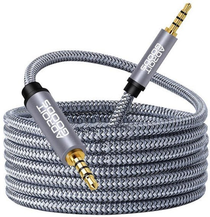 grijs gevlochten audiokabel met metalen connectors en goudkleurige pluggen