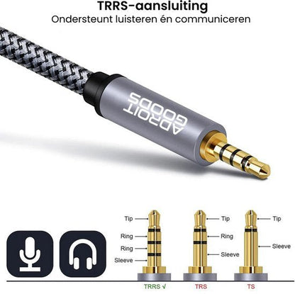 Grijze kabel met gouden aansluitingen en TRRS-connector voor luisteren en communiceren