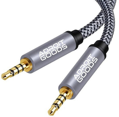 Twee zilverkleurige AdroitGoods audiokabels met gevlochten buitenlaag en gouden connectors