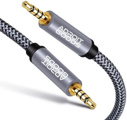 Grijs gevlochten audiokabel met goudkleurige 3,5 mm jackstekkers en Adroit Goods logo