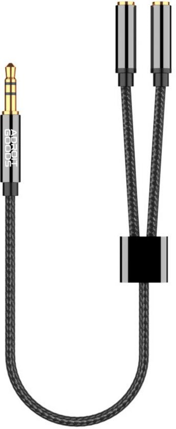 Zwarte gevlochten audiokabel met een stereo 3,5 mm jack en twee vrouwelijke aansluitingen