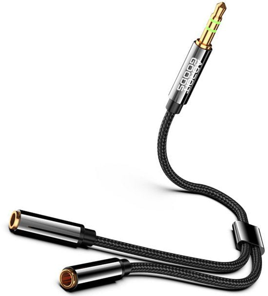 Zwarte gevlochten kabel met een enkele 3,5 mm stekker en twee vrouwelijke aansluitingen.