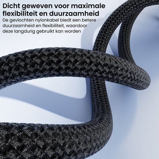 Close-up van een dichtgeweven zwarte nylonkabel met hoge flexibiliteit en duurzaamheid