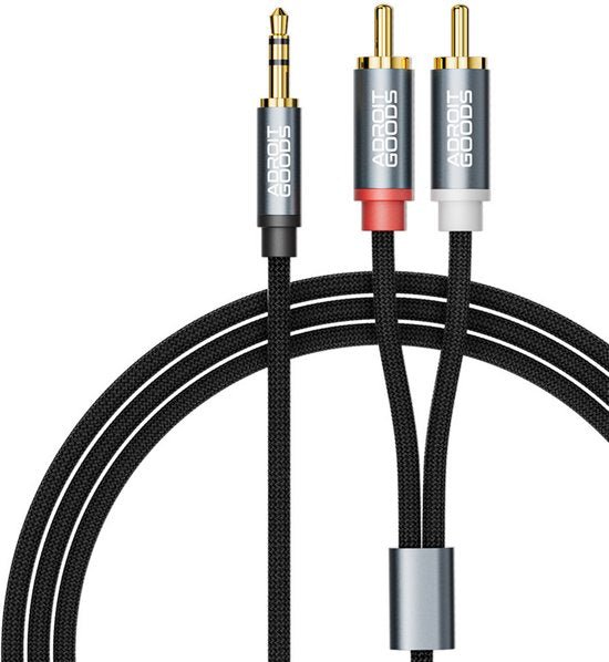 zwarte audioverlengkabel met 3,5 mm jack en rood-witte tulpstekkers van AdroitGoods