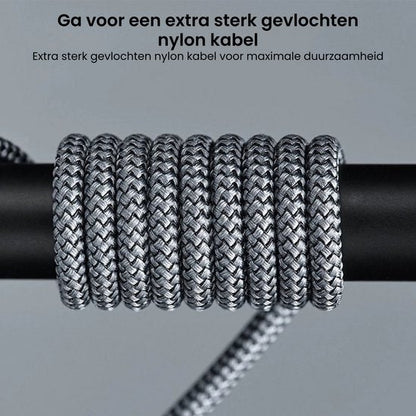 Dichtgevlochten nylon kabel in grijstinten voor extra stevigheid en duurzaamheid
