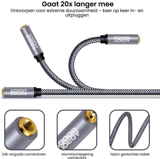 Grijs gevlochten nylon kabel met 24K vergulde aluminium connectoren voor duurzaamheid.