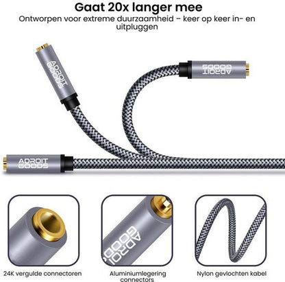 Grijs gevlochten nylon kabel met 24K vergulde aluminium connectoren voor duurzaamheid.
