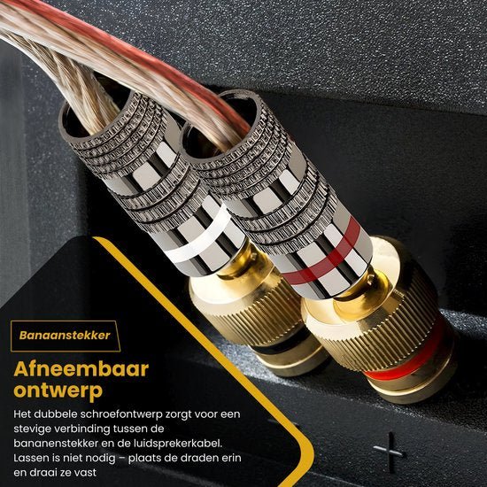 dichtbijbeeld van metalen banaanstekkers verbonden met luidsprekerkabels in een audioapparaat