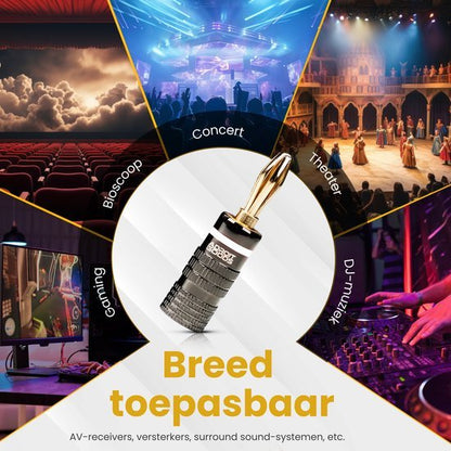 Afbeelding met centraal een audioplug en illustraties van bioscoop, concert, theater, gaming en dj-muziek.