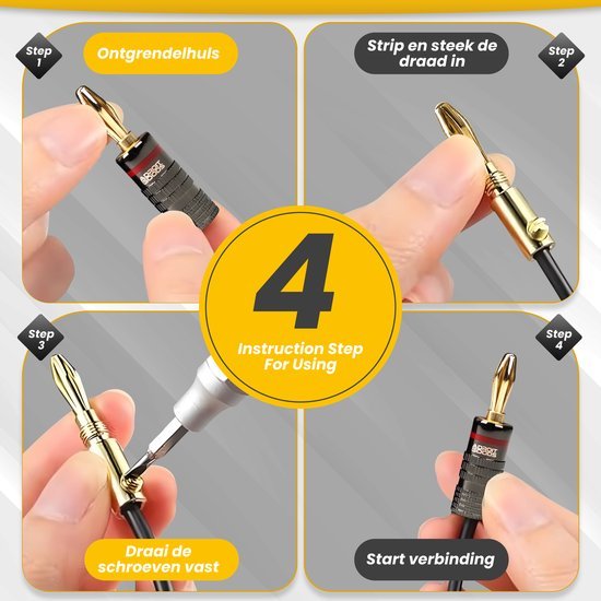 Vier stappen instructies voor het aansluiten van een kabelconnector met gedetailleerde close-ups van handen.