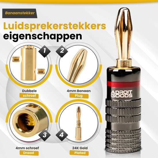 Zwarte en goudkleurige luidsprekerstekker met dubbele schroef en 24K verguld oppervlak