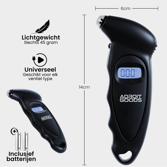 Zwart digitaal luchtbandenspanningsmeter met display, lichtgewicht en inclusief batterijen