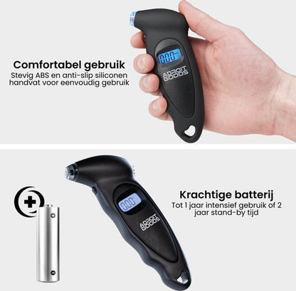 Hand houdt zwarte digitale bandenspanningsmeter met blauw verlicht display en anti-slip handvat