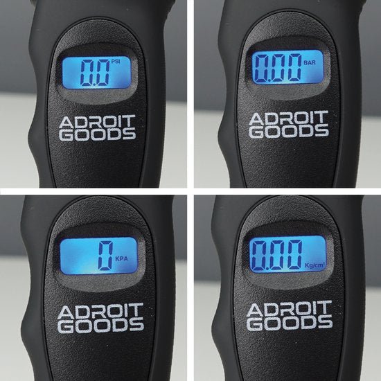Digitale drukmeter met verlicht display in vier meeteenheden van Adroit Goods.
