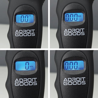 Digitale drukmeter met verlicht display in vier meeteenheden van Adroit Goods.