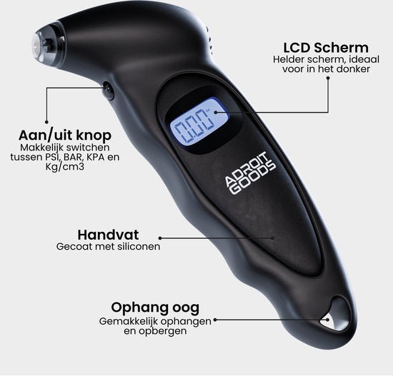 Zwart digitaal meetsysteem met LCD scherm, siliconen handvat en ophangoog voor gebruiksgemak