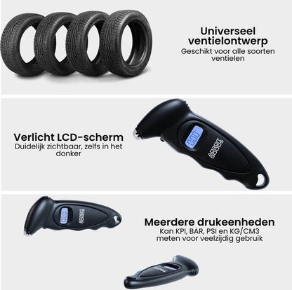 Vier autobanden en een digitale bandenspanningsmeter met verlicht LCD-scherm en meerdere meeteenheden