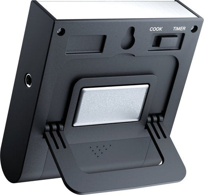 zwarte digitale keukenwekker achteraan met standaard en instelbare knop voor kooktijd