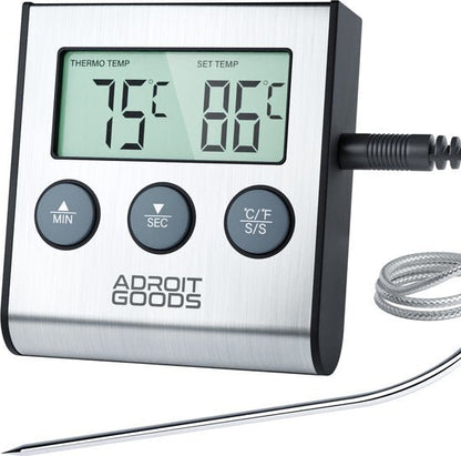 Digitale kookthermometer met roestvrijstalen behuizing en meetsonde, instelbare temperatuur en timer