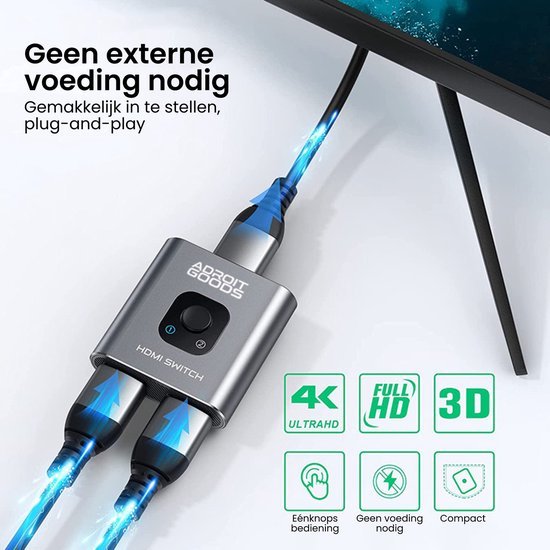 AdroitGoods HDMI schakelaar met plug-and-play, 4K UltraHD, Full HD en 3D ondersteuning