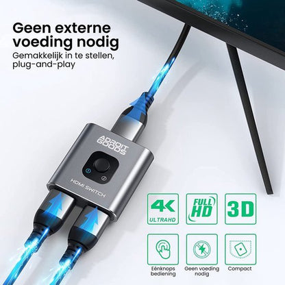 AdroitGoods HDMI schakelaar met plug-and-play, 4K UltraHD, Full HD en 3D ondersteuning