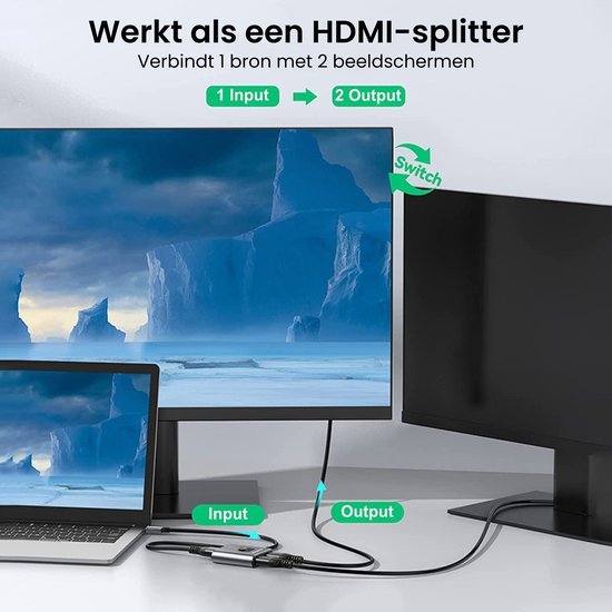 Laptop aangesloten op twee beeldschermen via een HDMI-splitter met schakelfunctie