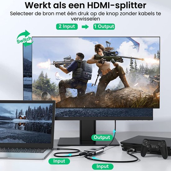 Beeldscherm toont schietspel met laptop en spelconsole aangesloten via HDMI-splitter.