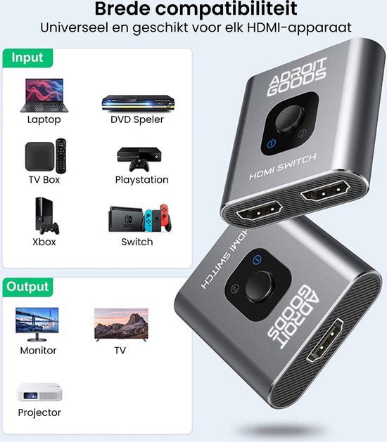 Grijze AdroitGoods HDMI switch met knoppen en drie HDMI-ingangen voor verschillende apparaten