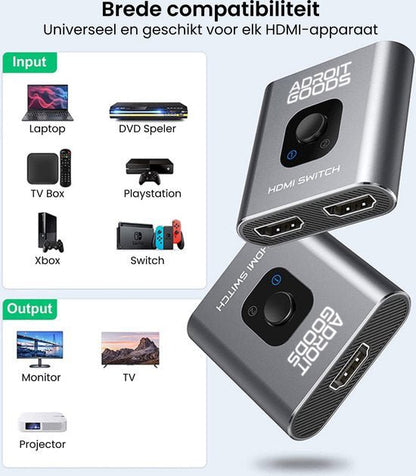 Grijze AdroitGoods HDMI switch met knoppen en drie HDMI-ingangen voor verschillende apparaten
