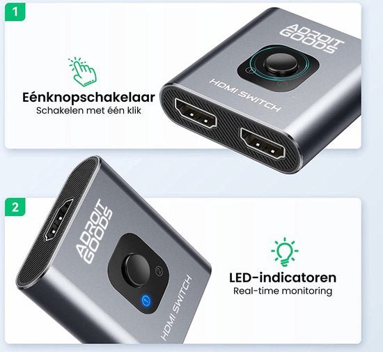 HDMI switch met éénknopschakelaar en LED-indicatoren voor real-time monitoring