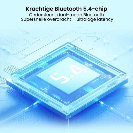 Illustratie van een transparante chip met het nummer 5.0 en blauw licht op blauwe achtergrond