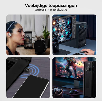 Vrouw met draadloze oordopjes, computerwerkstation, smartphone met adapter en gamingsysteem