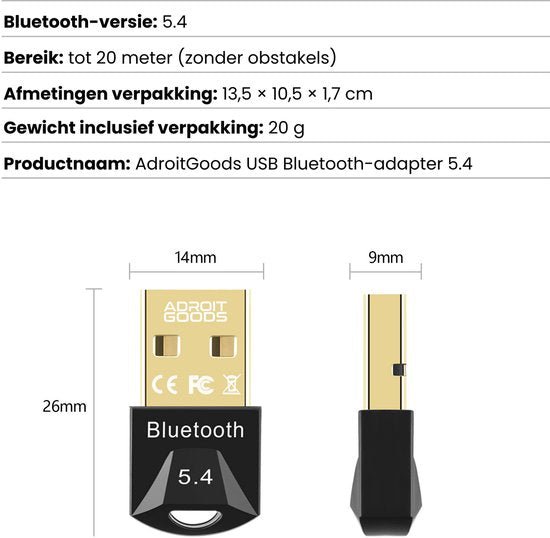 Afbeelding van een zwarte en gouden USB Bluetooth-adapter Bluetooth 5.4 met afmetingen aangegeven
