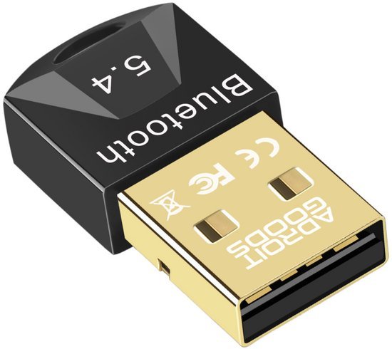 compact zwarte bluetooth 5.4 adapter met goudkleurige usb connector en productmarkeringen