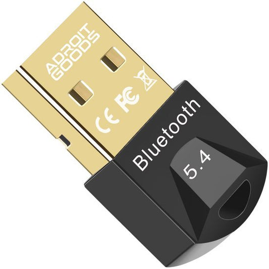 Zwarte Bluetooth 5.4 USB-adapter met gouden connector en AdroitGoods logo