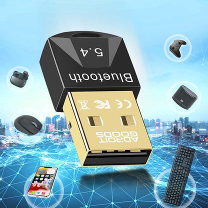 Draadloze bluetooth 5.4 adapter met diverse apparaten zoals toetsenbord, muis en smartphone