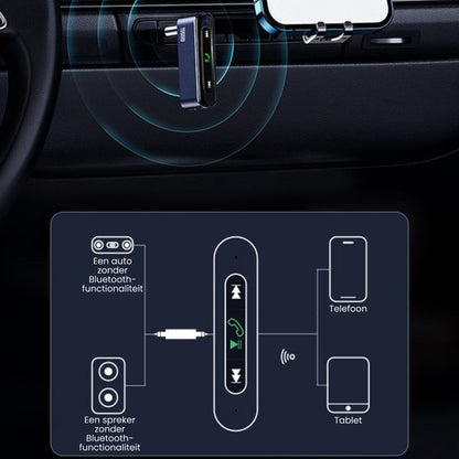 Bluetooth adapter in auto met uitleg over verbinding met telefoon en tablet zonder Bluetooth zelf