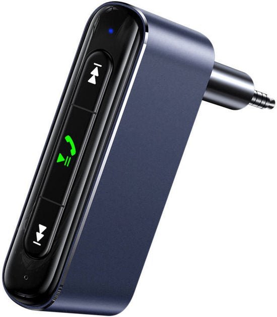 blauwe draadloze apparaat met drie knoppen en groene telefoon icoon verlichting